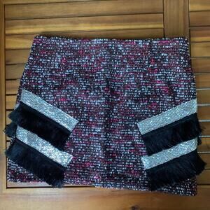 ENDLESS ROSE - Pink Tweed Fringe Sequin Boucle Mini Skirt